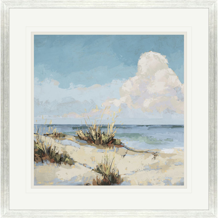 Silver Framed Cloudy Beach Landscape Art with White Mat