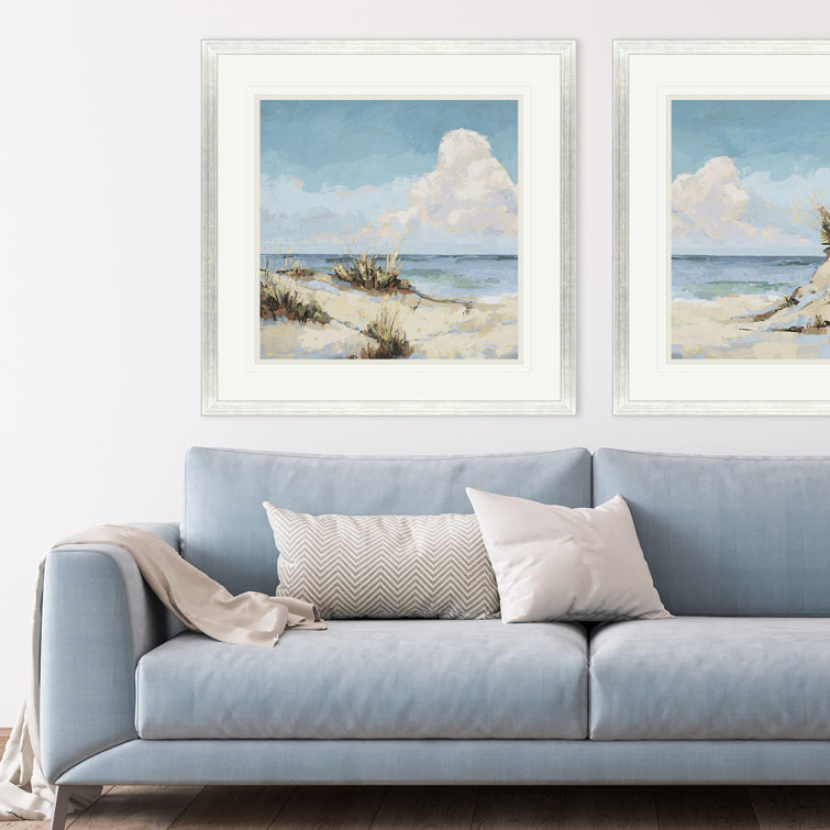 Silver Framed Cloudy Beach Landscape Art with White Mat