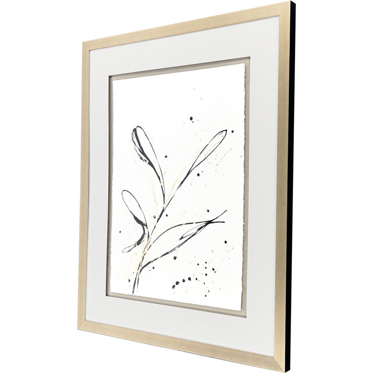 Vertical Black and Gold Abstract Floral Painting in Silver Frame