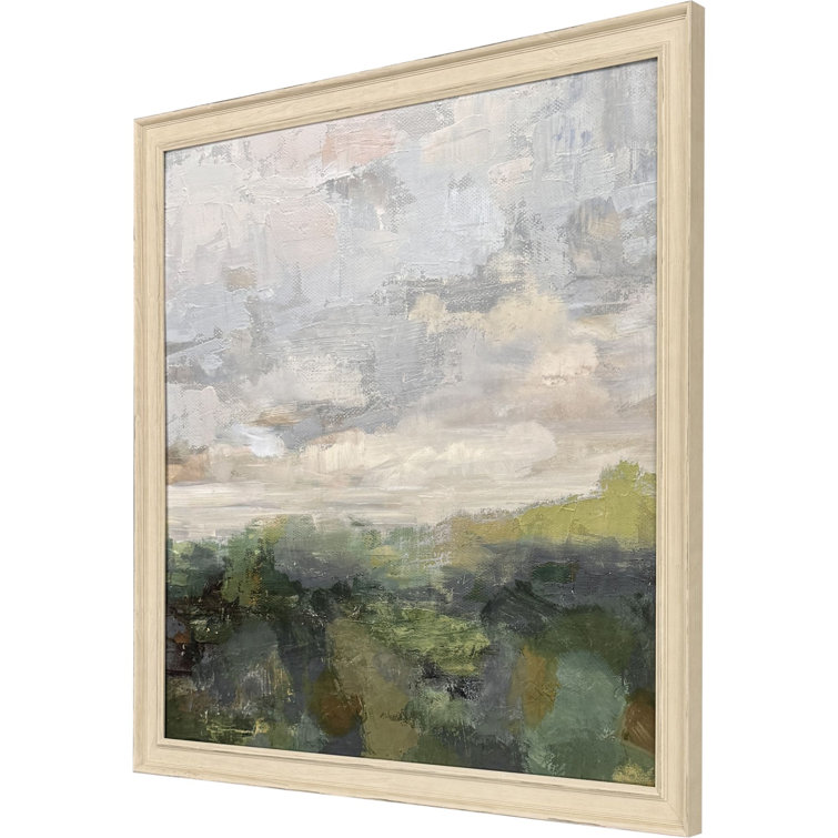 Sarah Lang Green and Gray Abstract Landscape Canvas with Distressed Ivory Frame