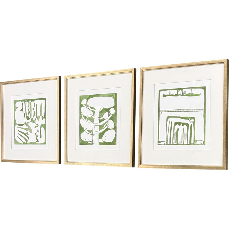 Green and White Abstract Canvas Art Set with Gold Frame