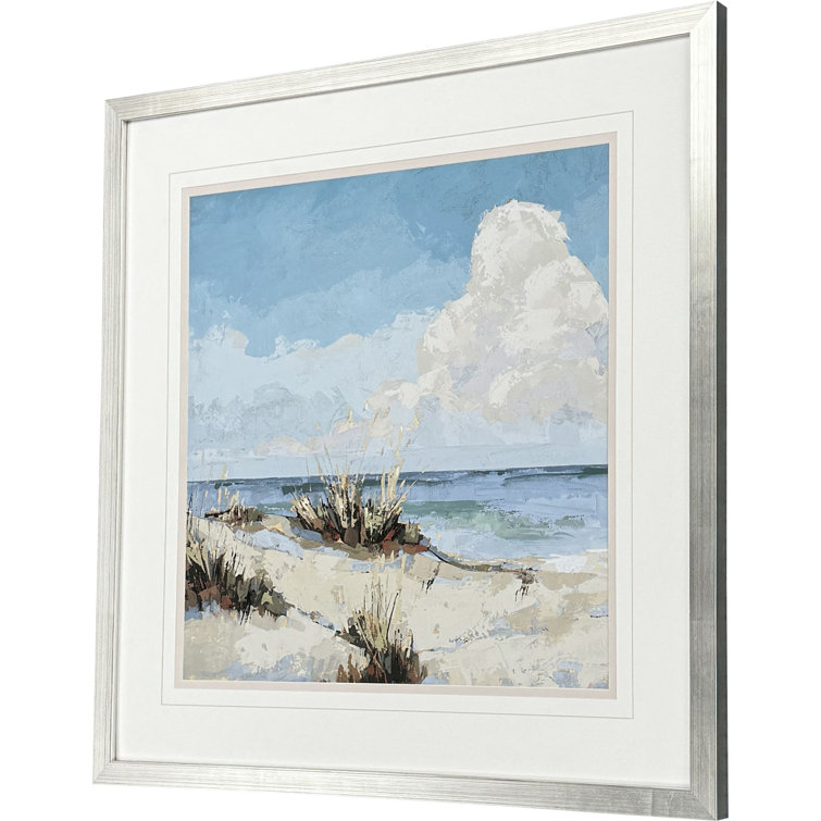 Silver Framed Cloudy Beach Landscape Art with White Mat