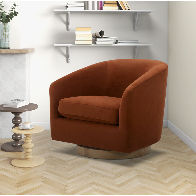 Burnt Orange Velvet Swivel Barrel Chair with Wood Base