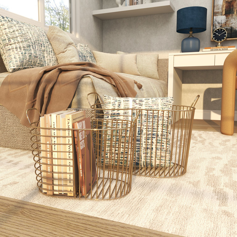 Gold Metal Oval Storage Baskets with Handles - Set of 2