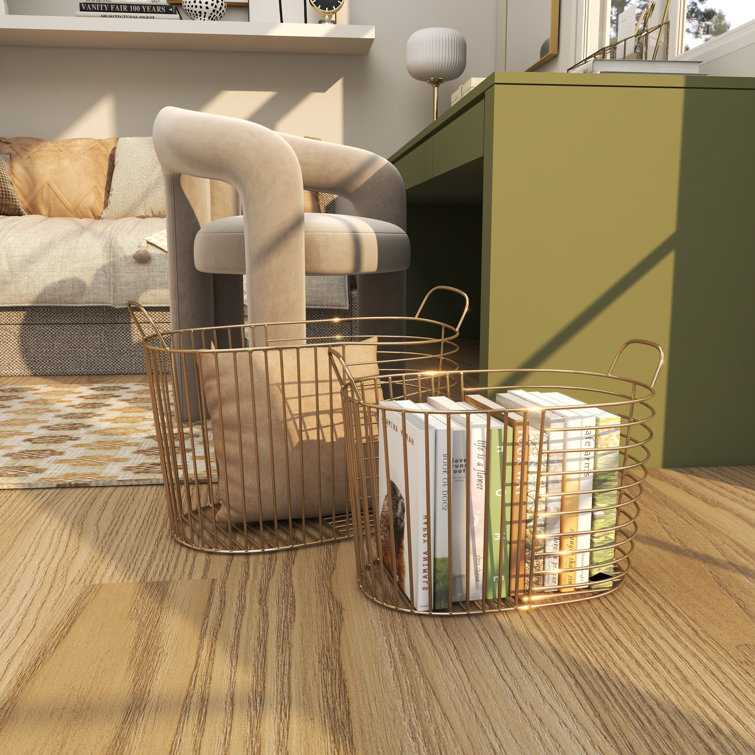 Gold Metal Oval Storage Baskets with Handles - Set of 2