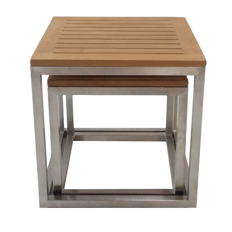 Square Teak and Metal Nesting Side Tables Set