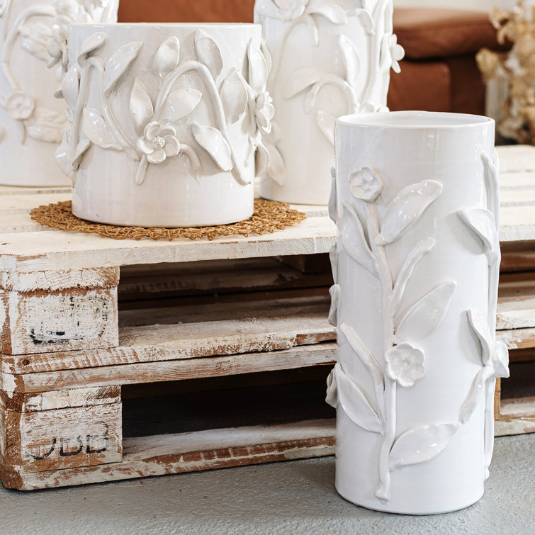Handcrafted White Ceramic Tall Cylinder Cachepot