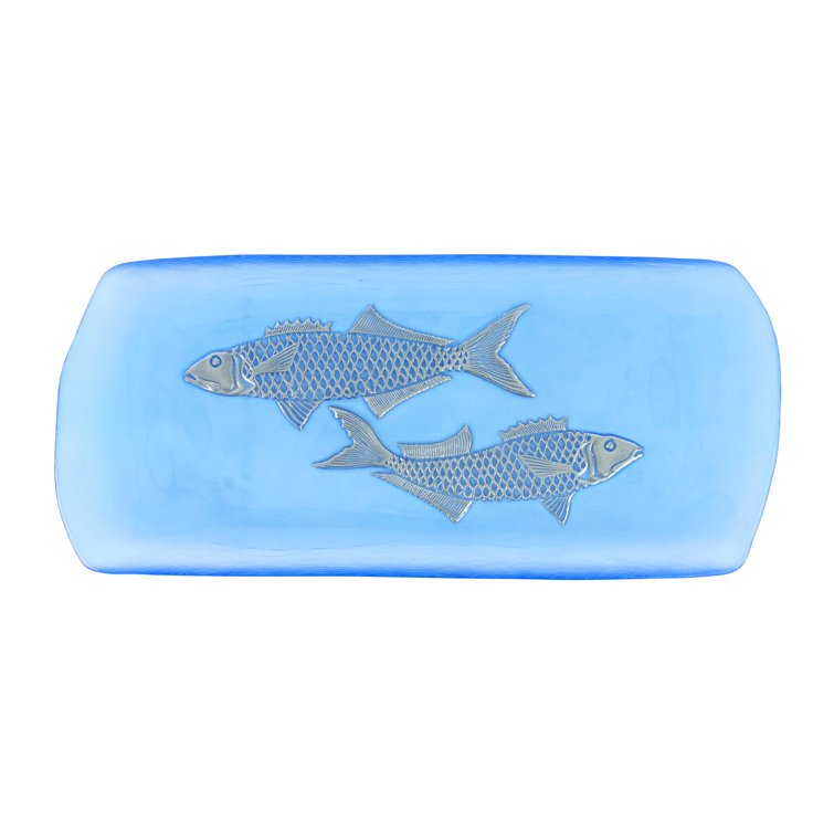 Blue Glass Rectangular Tray with Gilded Fish Design