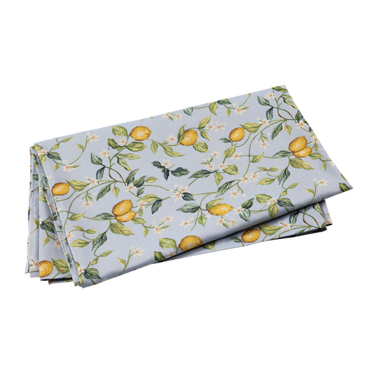 Blue Cotton Blend Tablecloth with Lemon and Flower Design