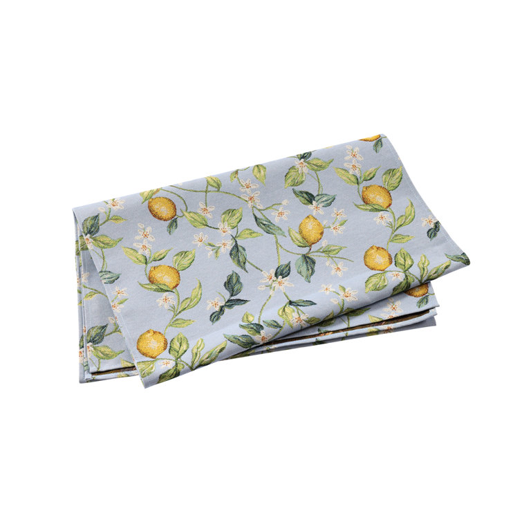 Blue Cotton Linen Table Runner with Lemon and Flower Design