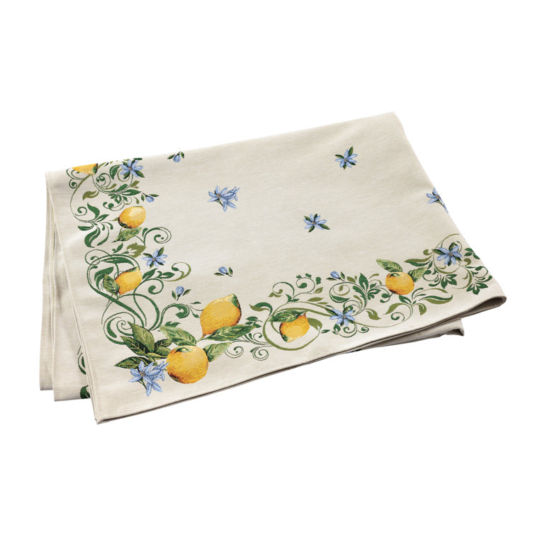 Natural Cotton Blend Tablecloth with Lemons and Blue Flowers