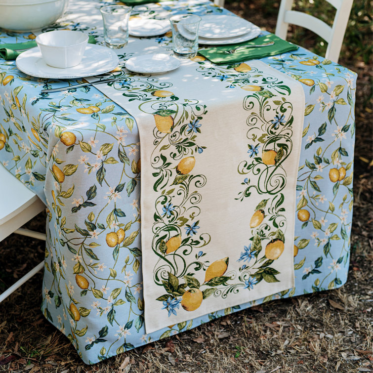 Blue Cotton Blend Tablecloth with Lemon and Flower Design