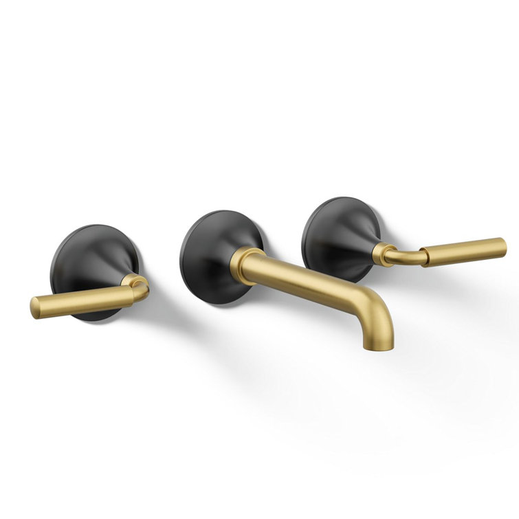 Matte Black and Moderne Brass Wall-Mount Bathroom Faucet Set
