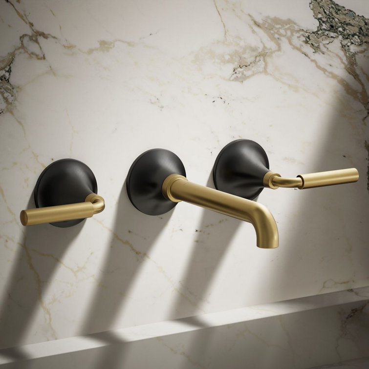 Matte Black and Moderne Brass Wall-Mount Bathroom Faucet Set