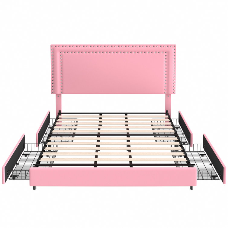 Beige Velvet Upholstered Queen Platform Bed with Storage Drawers