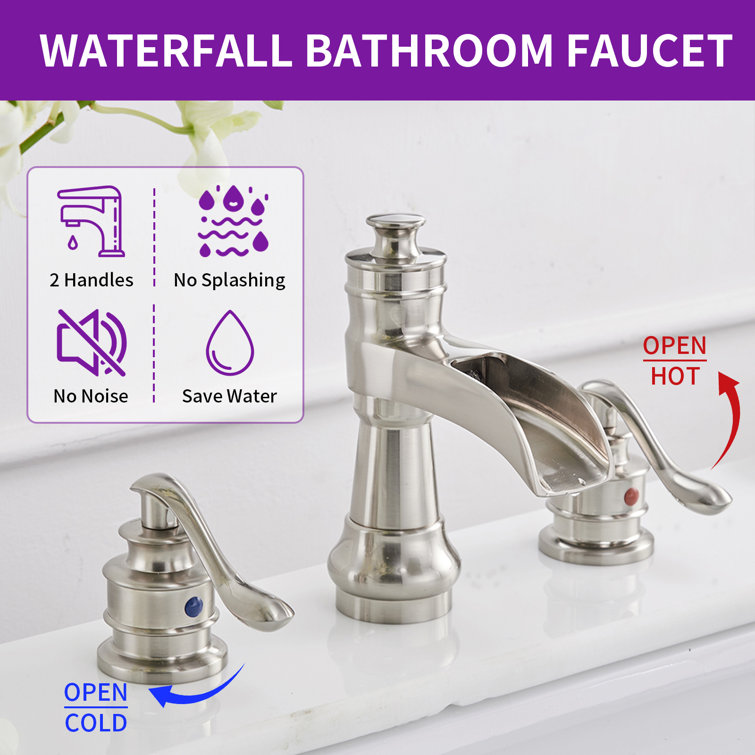 Brushed Nickel Widespread Waterfall Bathroom Faucet with Lever Handles