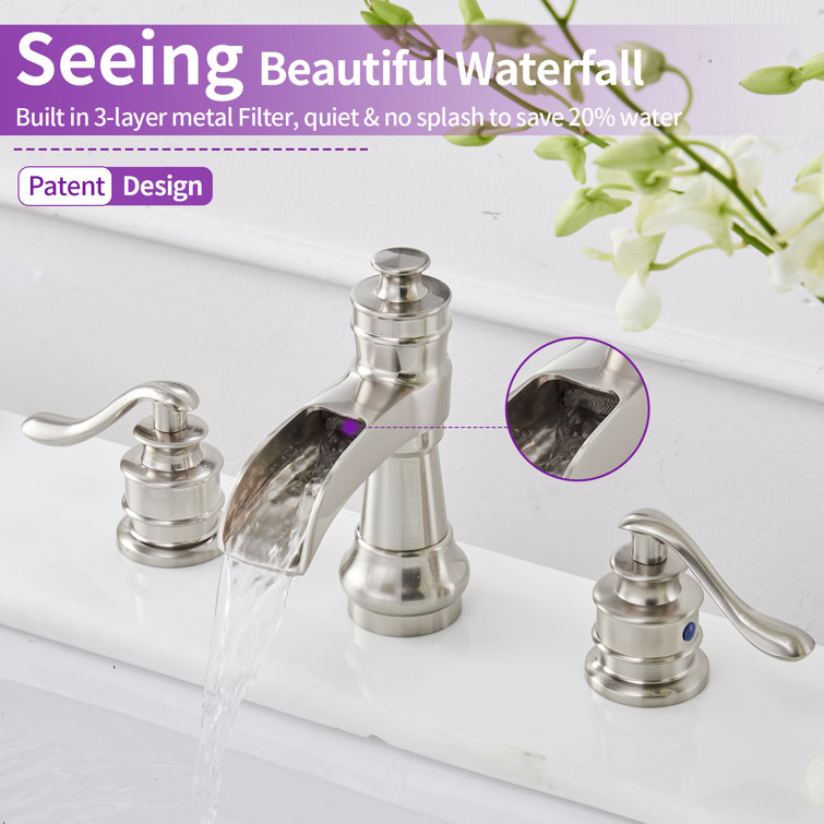 Brushed Nickel Widespread Waterfall Bathroom Faucet with Lever Handles