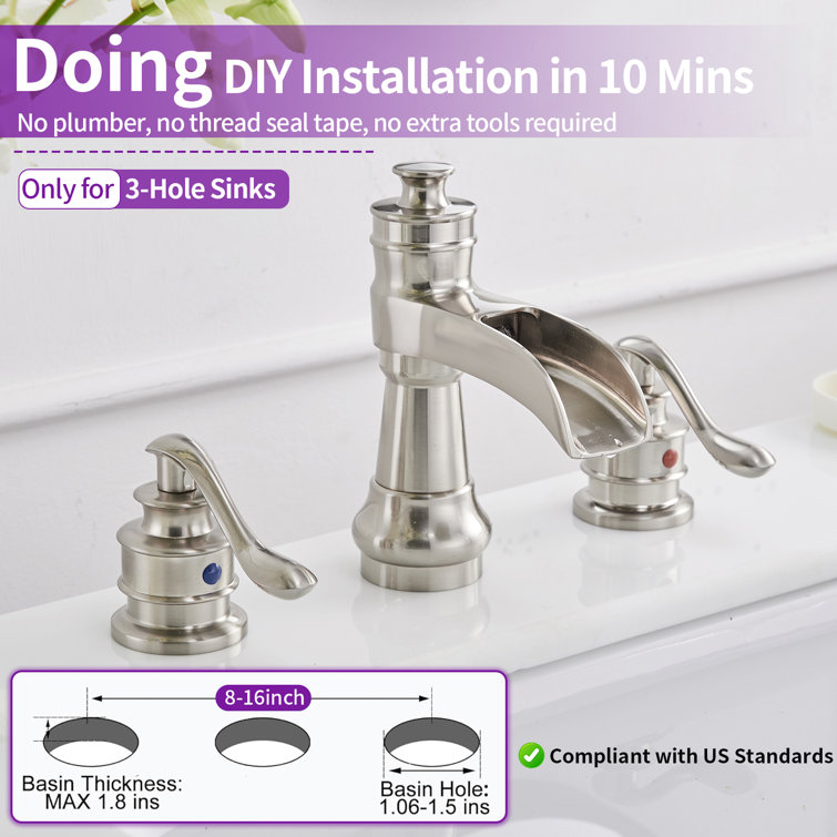 Brushed Nickel Widespread Waterfall Bathroom Faucet with Lever Handles