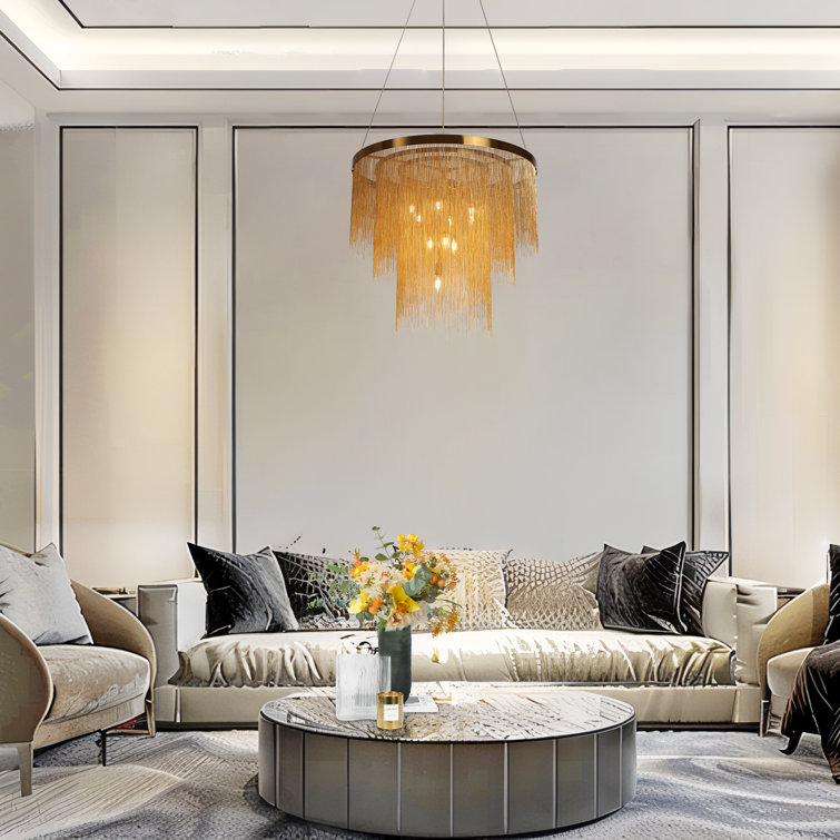 Gold 3-Tier Chain Tassel Drum Chandelier