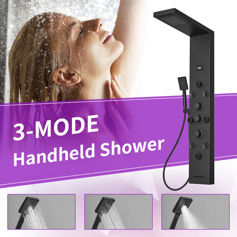 Black Stainless Steel 51.57'' Shower Panel with Rainfall and Waterfall Shower Heads