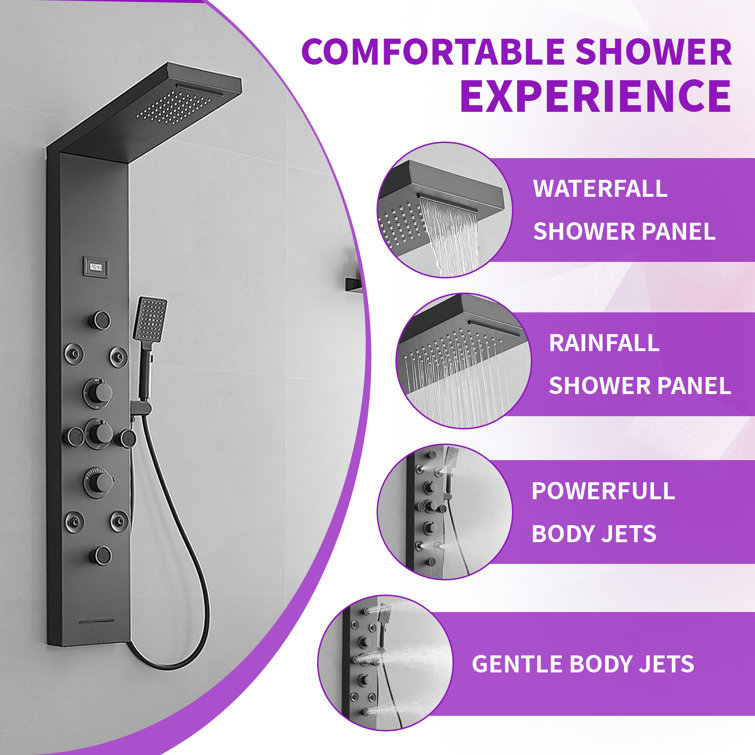 Black Stainless Steel 51.57'' Shower Panel with Rainfall and Waterfall Shower Heads