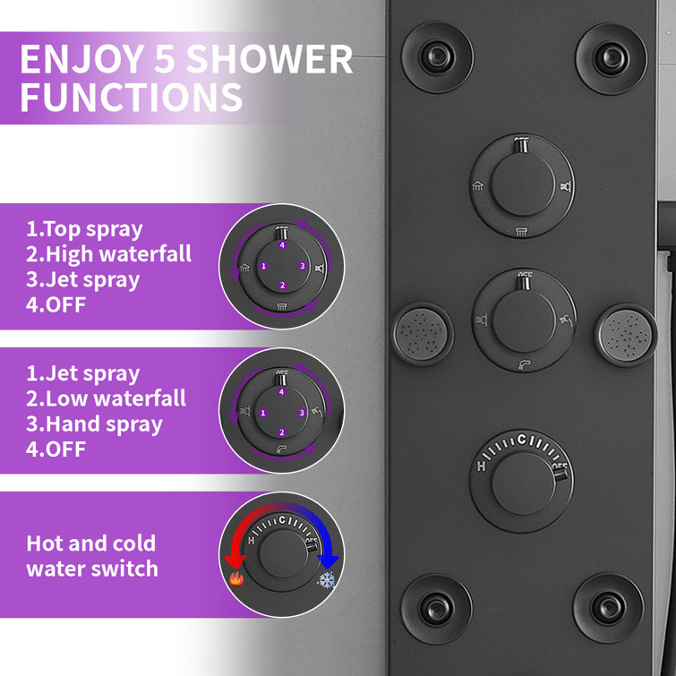 Black Stainless Steel 51.57'' Shower Panel with Rainfall and Waterfall Shower Heads