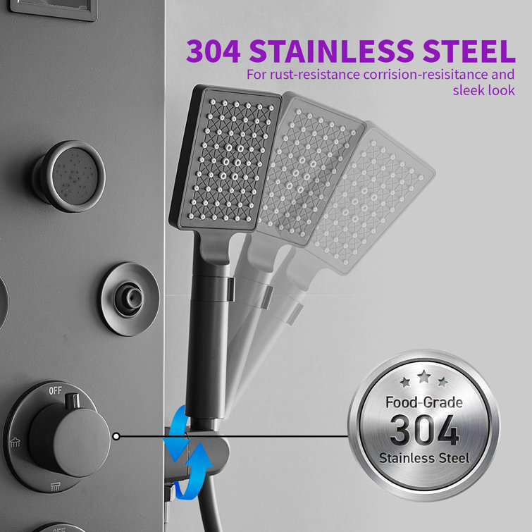 Black Stainless Steel 51.57'' Shower Panel with Rainfall and Waterfall Shower Heads