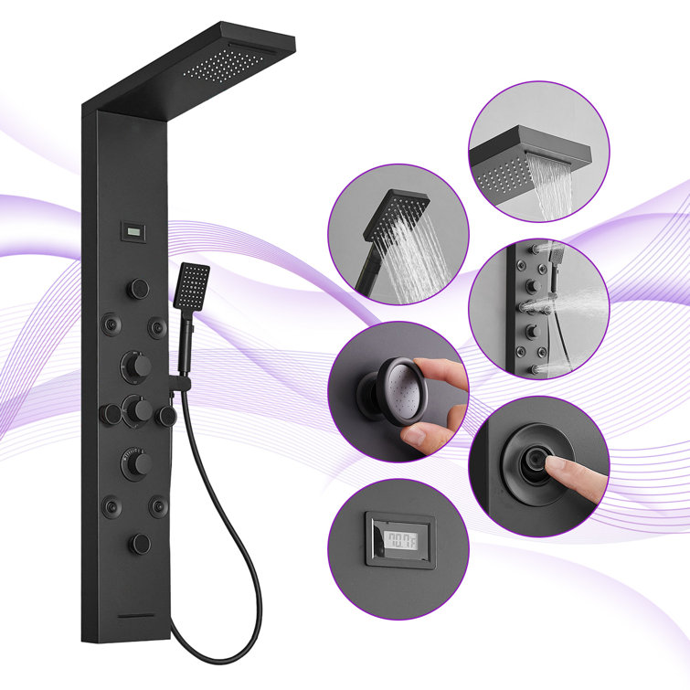 Black Stainless Steel 51.57'' Shower Panel with Rainfall and Waterfall Shower Heads