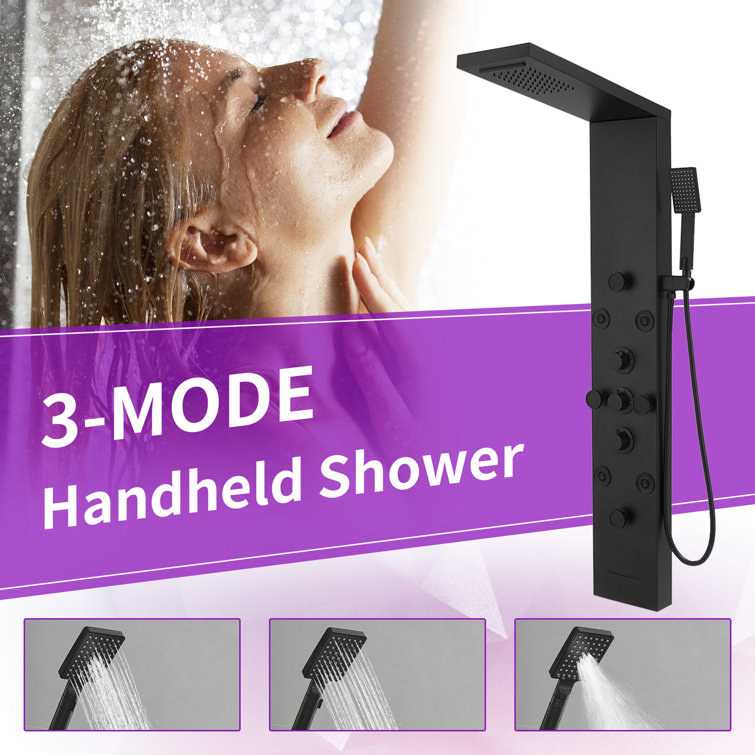 Matte Black 52'' Shower Panel with Rainfall Shower Head and Body Jets