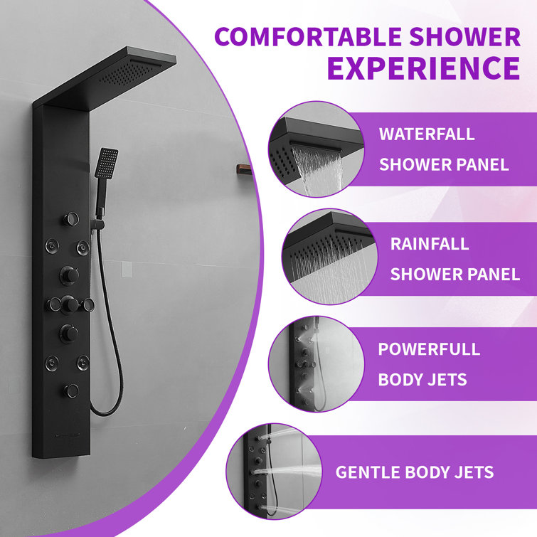 Matte Black 52'' Shower Panel with Rainfall Shower Head and Body Jets
