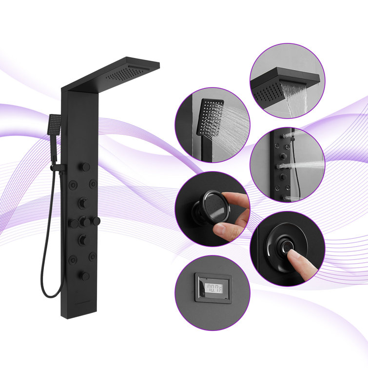 Matte Black 52'' Shower Panel with Rainfall Shower Head and Body Jets