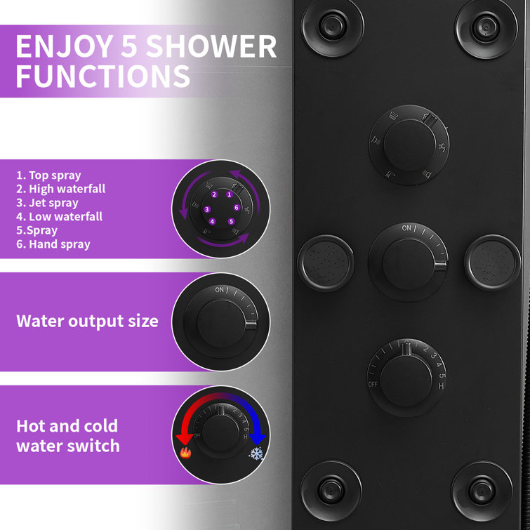 Matte Black 52'' Shower Panel with Rainfall Shower Head and Body Jets
