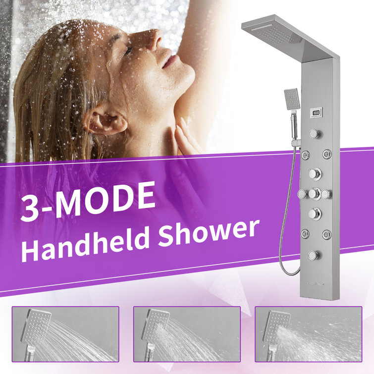 Nickel Chrome 8-Jet Rainfall Shower Panel System with Handheld Wand