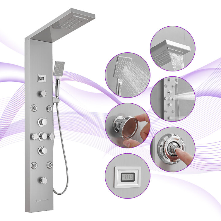 Nickel Chrome 8-Jet Rainfall Shower Panel System with Handheld Wand