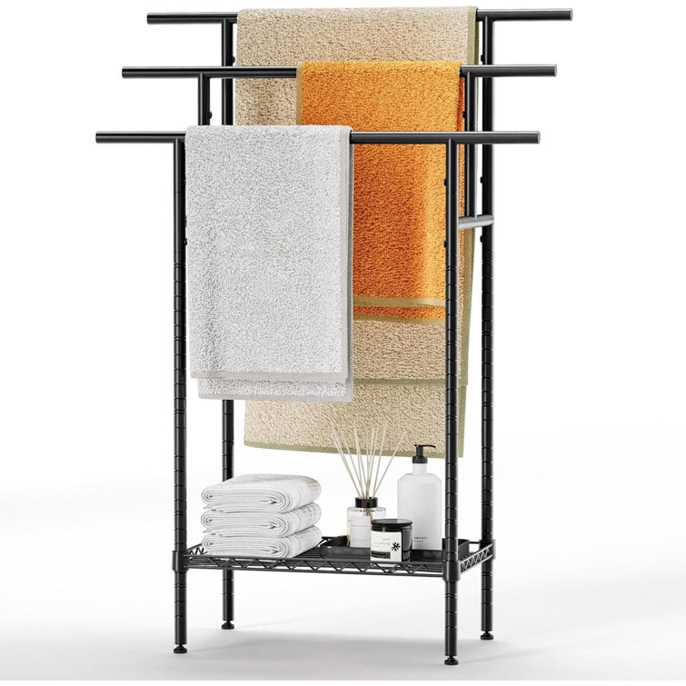 Black 44" Tall 3-Tier Freestanding Metal Towel Rack with Basket