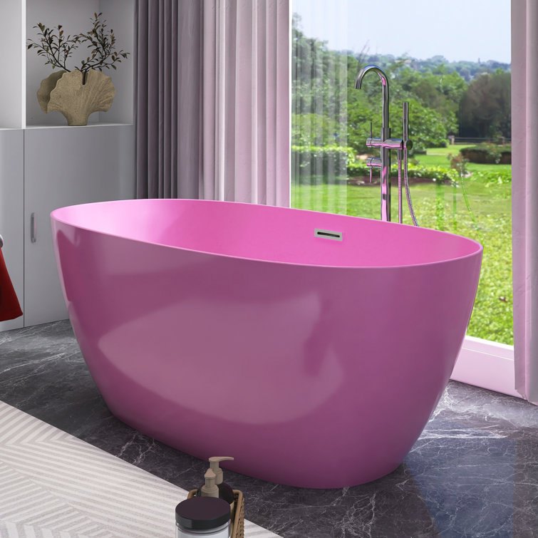 Glossy Pink Acrylic Freestanding Soaking Bathtub, 59 x 30 Inches