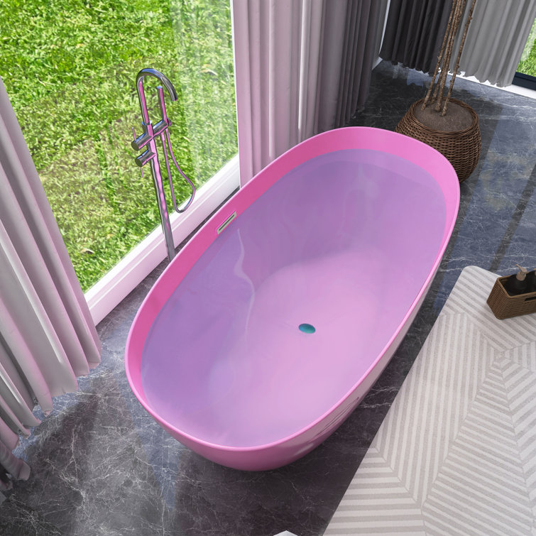 Glossy Pink Acrylic Freestanding Soaking Bathtub, 59 x 30 Inches