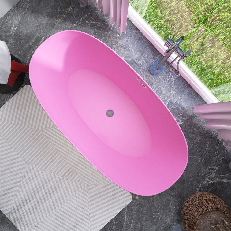 Glossy Pink Acrylic Freestanding Soaking Bathtub, 59 x 30 Inches
