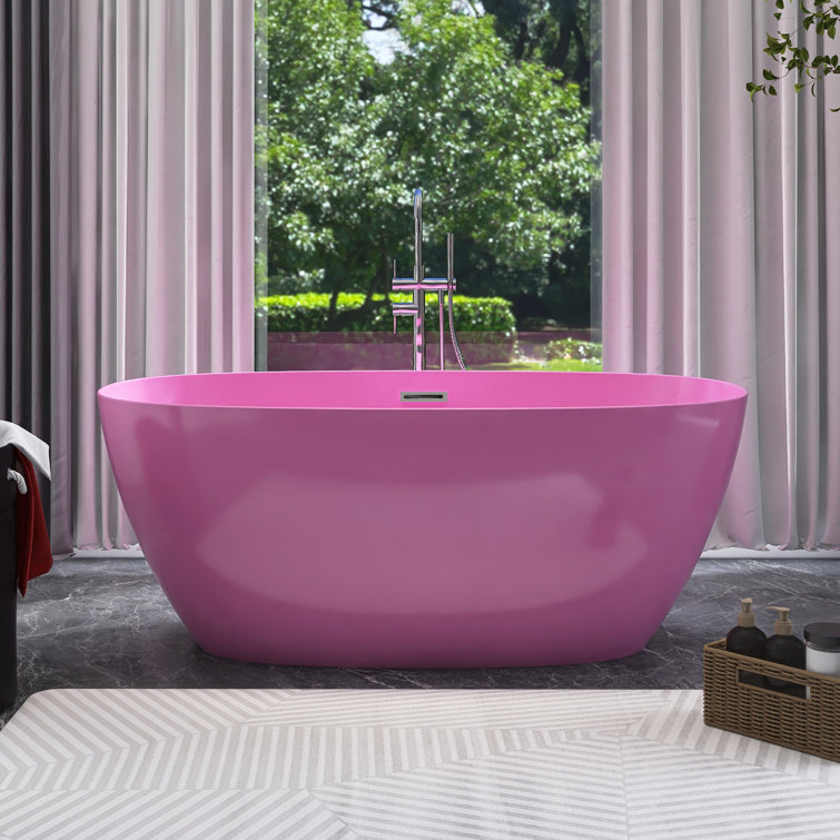 Glossy Pink Acrylic Freestanding Soaking Bathtub, 59 x 30 Inches