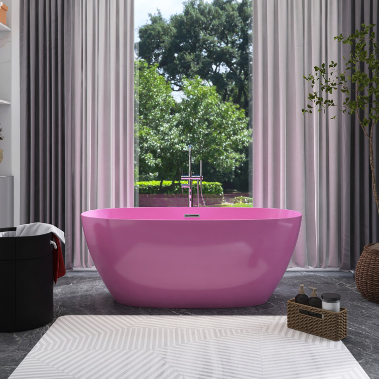 Glossy Pink Acrylic Freestanding Soaking Bathtub, 59 x 30 Inches
