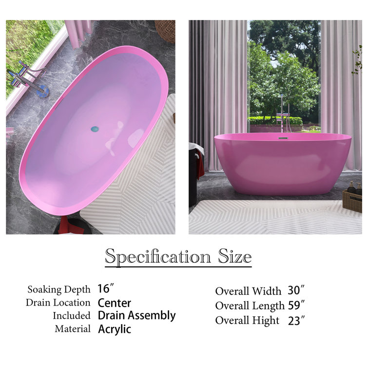 Glossy Pink Acrylic Freestanding Soaking Bathtub, 59 x 30 Inches