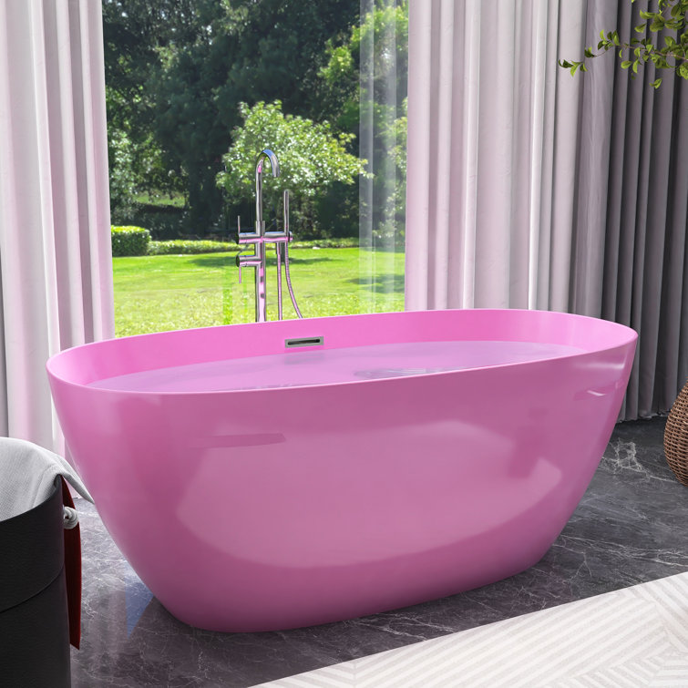 Glossy Pink Acrylic Freestanding Soaking Bathtub, 59 x 30 Inches