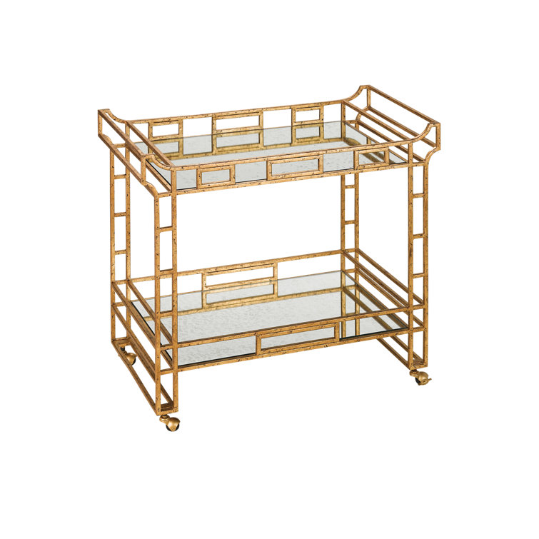 Seneca Gold Leaf Wrought Iron Bar Cart with Mirrored Shelves