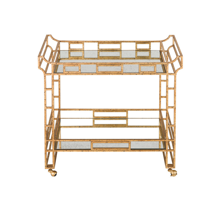 Seneca Gold Leaf Wrought Iron Bar Cart with Mirrored Shelves