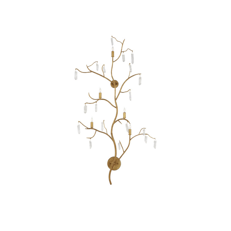 Tall Gold Sculptural Sconce with Quartz Crystals