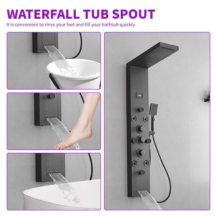 Black Stainless Steel 51.57'' Shower Panel with Rainfall and Waterfall Shower Heads