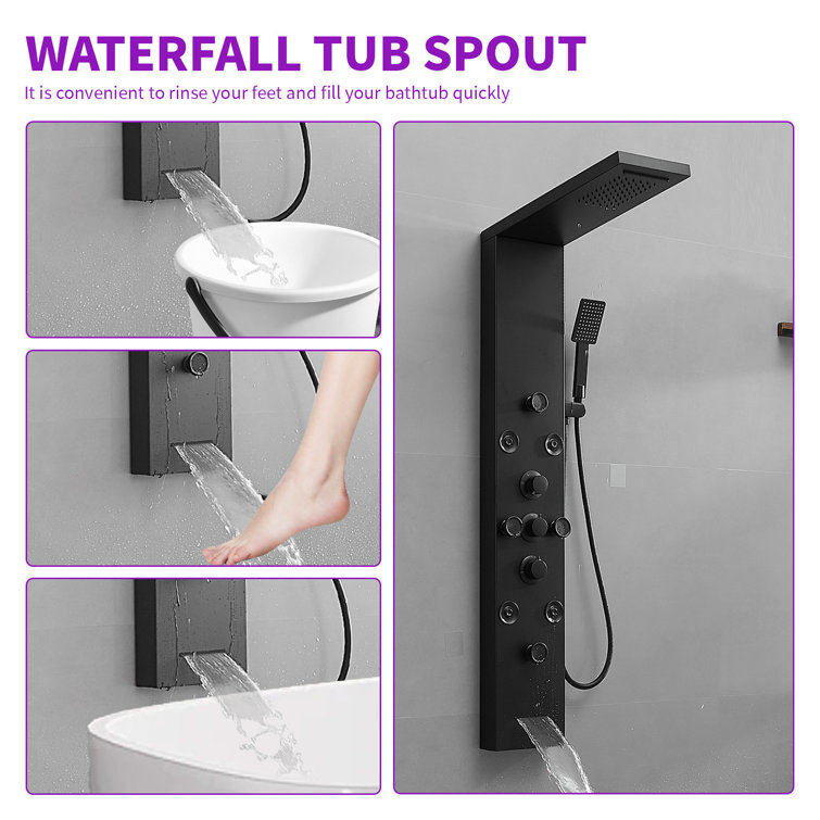 Matte Black 52'' Shower Panel with Rainfall Shower Head and Body Jets