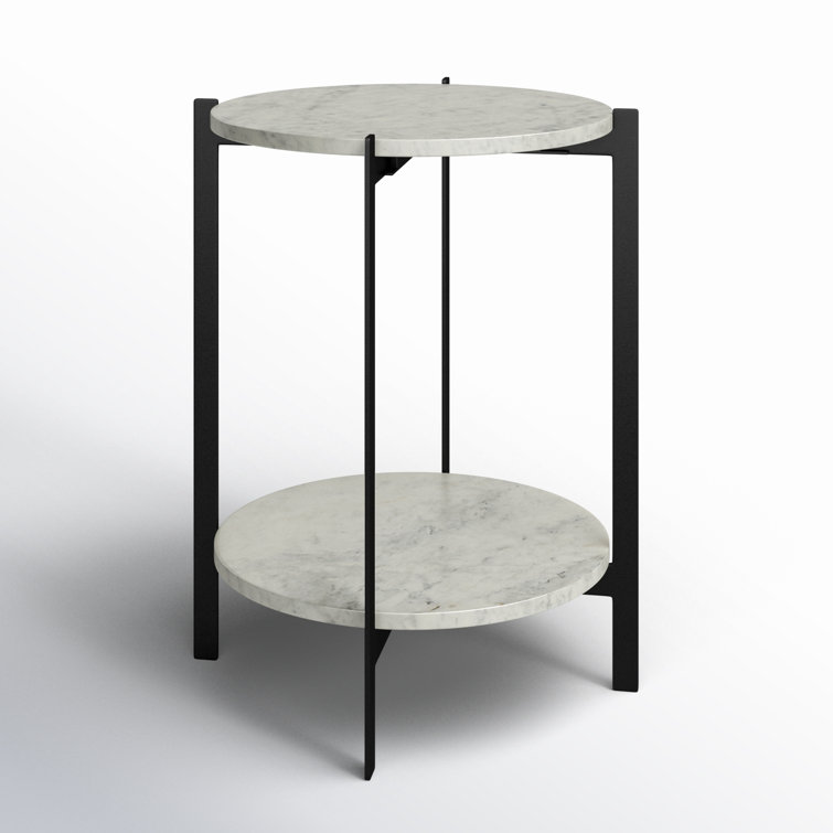 Blanche Round White Marble and Black Metal End Table