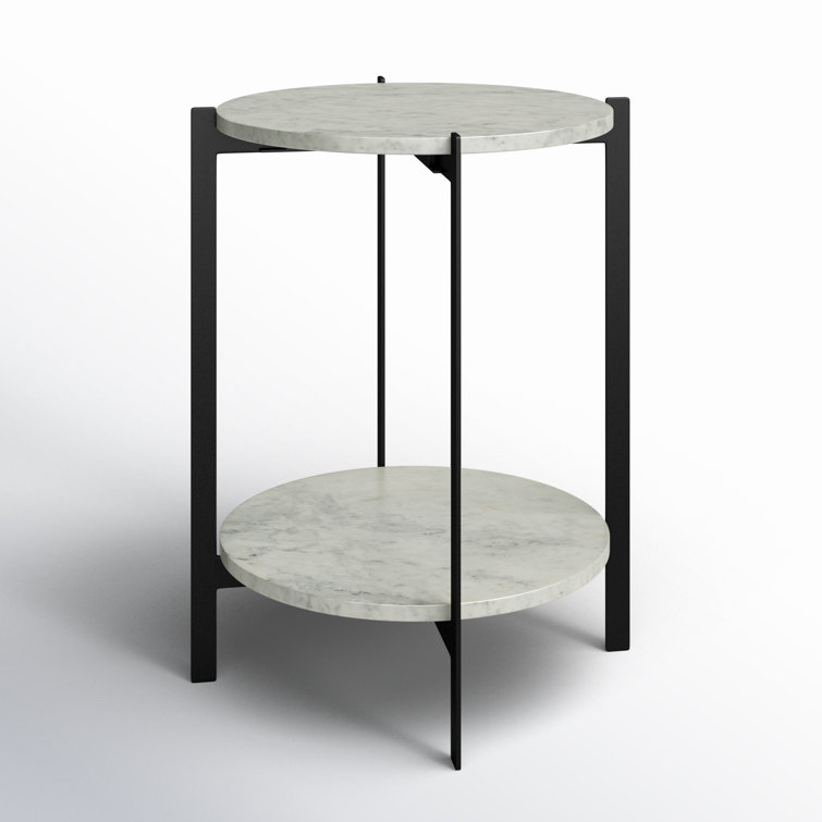 Blanche Round White Marble and Black Metal End Table