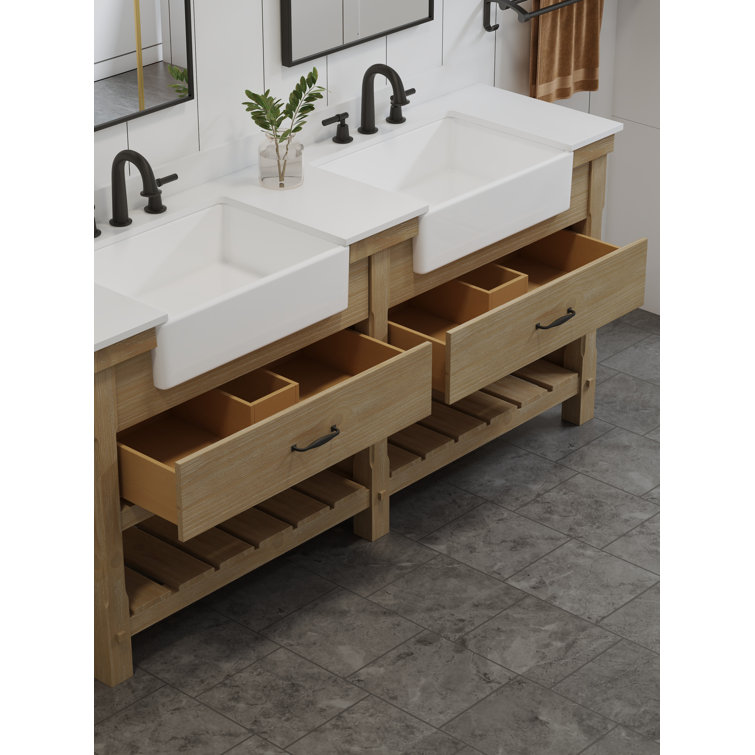 Farmhouse Light Brown Engineered Wood Double Bathroom Vanity with Marble Sink